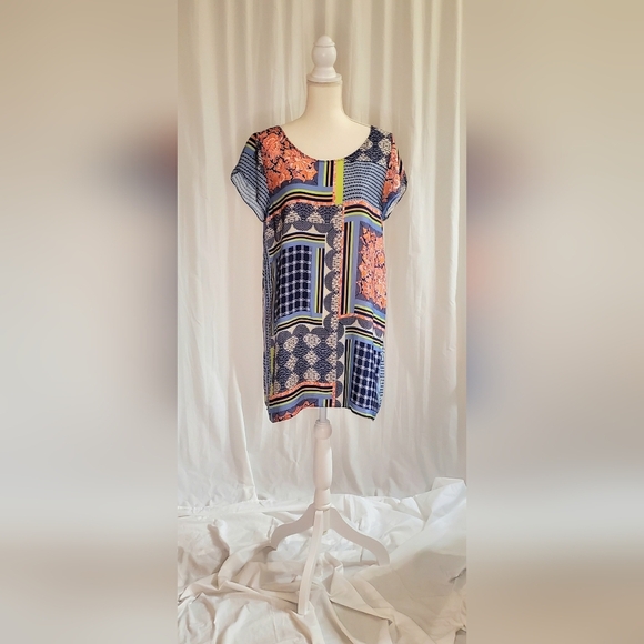 Calypso St. Barth Graphic Patchwork Mini Dress Women's Large Cap Sleeved Silky - Picture 1 of 7